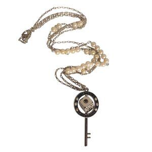Las Vegas Key Dice Necklace 17" Silver Tone Faux Pearl Rhinestone Accents